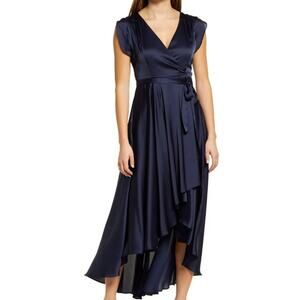 LULU'S XS Navy Blue Fallen For You Satin Vneck Hi-Low Dress NEW B150